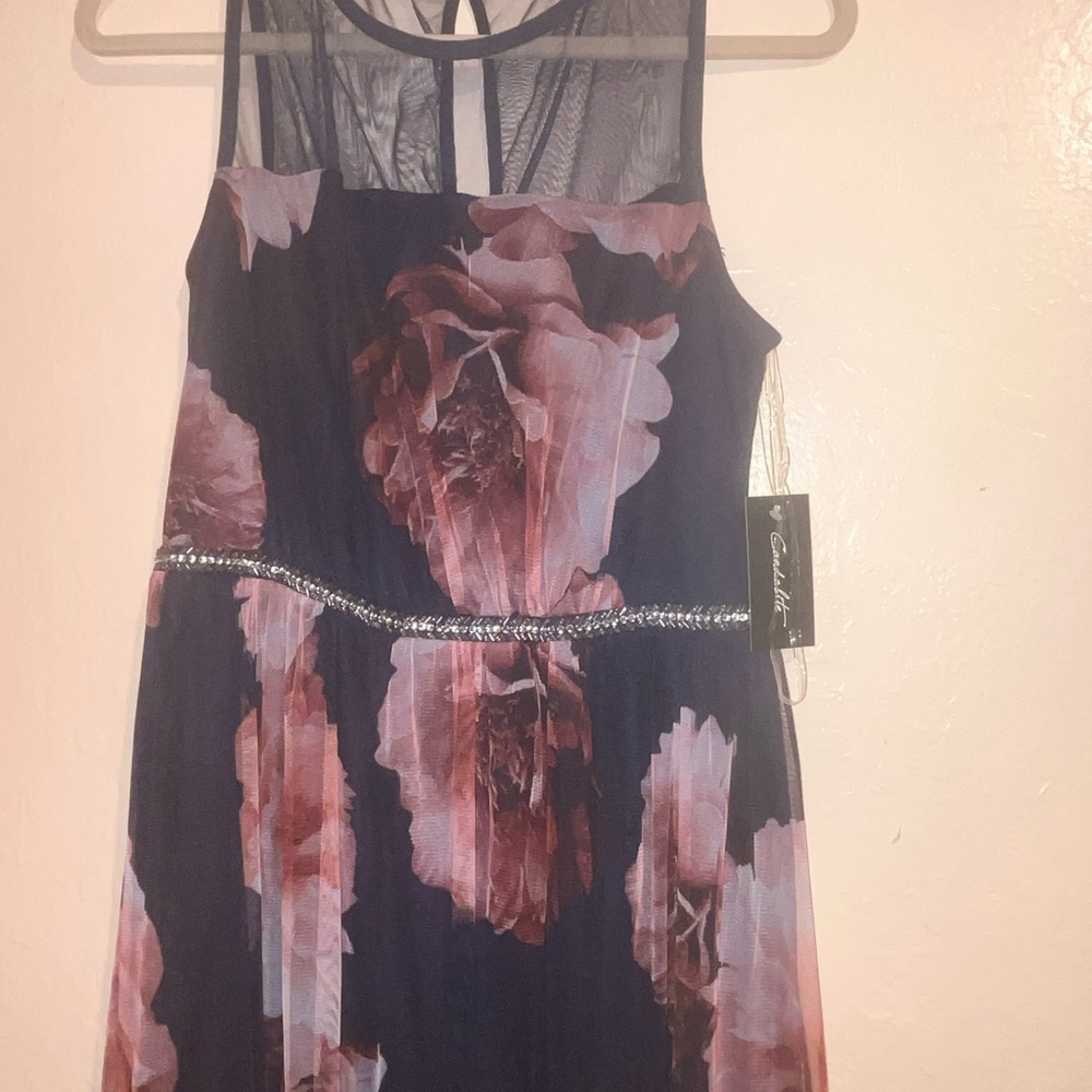 Brand New Chic Floral Dress with crystal waist line detail - Navy and Pink